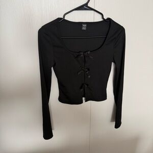 Black Long Sleeve Bow Tie Cropped Top Size XS Going Out Top